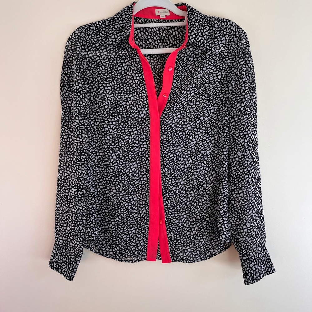 Cremieux blouse black and white animal print with beautiful hot pink detail